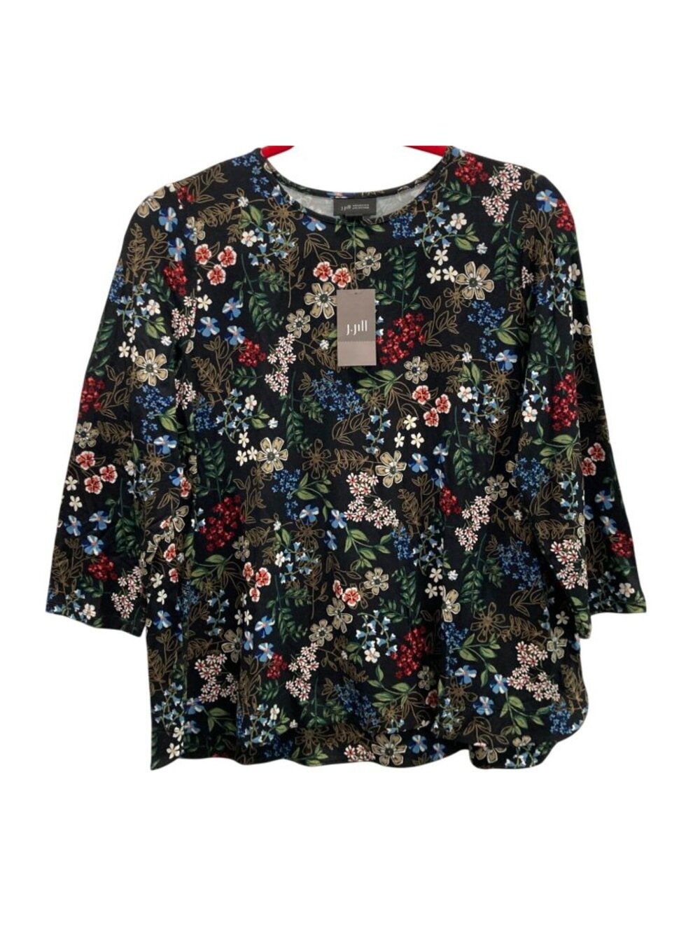 J Jill Wearever Floral Ribbed Top PM Black Festival Romantic Boho Garden Party